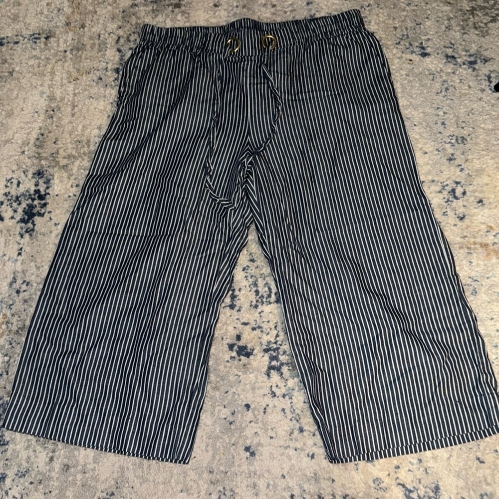 MICHAEL Michael Kors blue white‎ stripes elastic waist wide leg capri pants Sz L